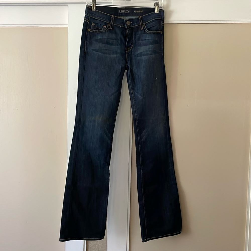 Flared jeans, mid rise, dark rinse, barely worn